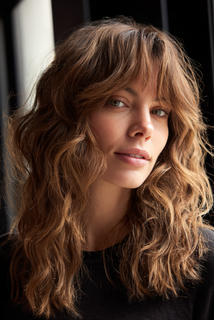 A woman with medium-length wavy bronde hair and full curtain bangs.