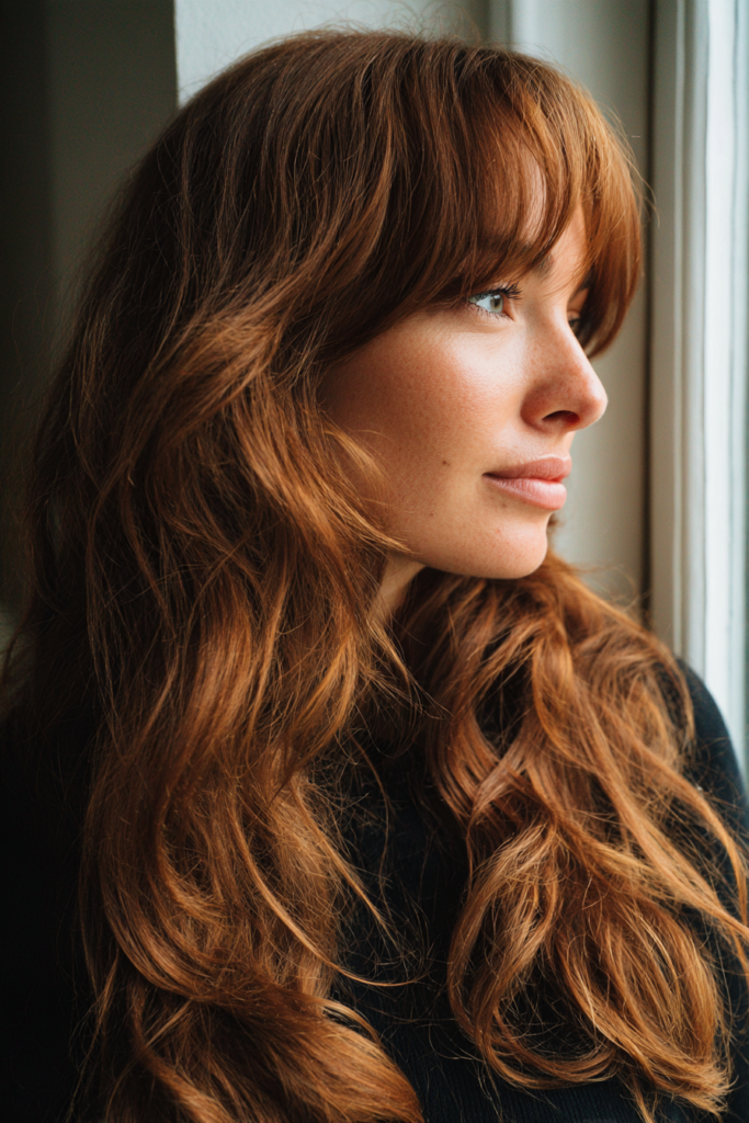 A woman with long copper red wavy hair and full blunt bangs.