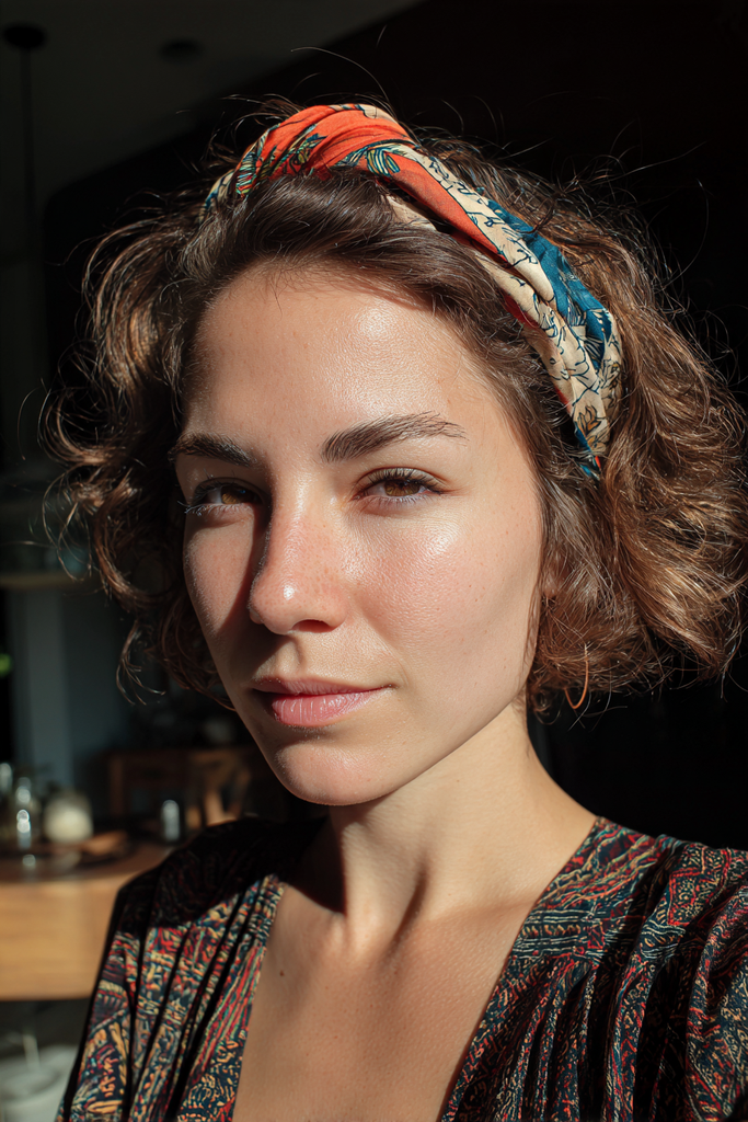 Woman with short wavy chestnut brown bob styled with a twisted orange, cream and teal scarf headband, wearing a patterned top.