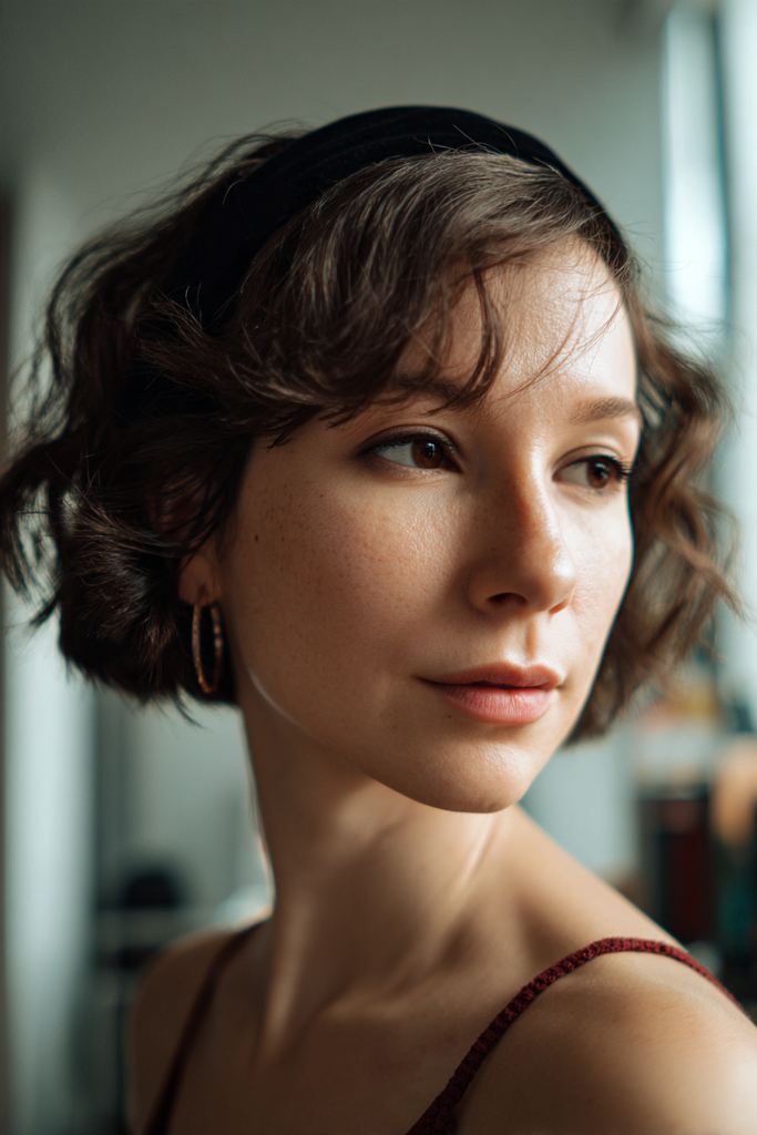 Woman with a short wavy dark brown bob styled with a black velvet headband and side swept pieces, wearing hoop earrings and a burgundy strap top.
