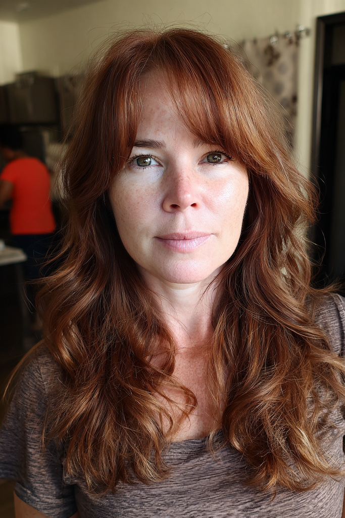 Woman with long layered copper red hair in loose waves and soft center-parted curtain bangs, wearing a heathered brown top.