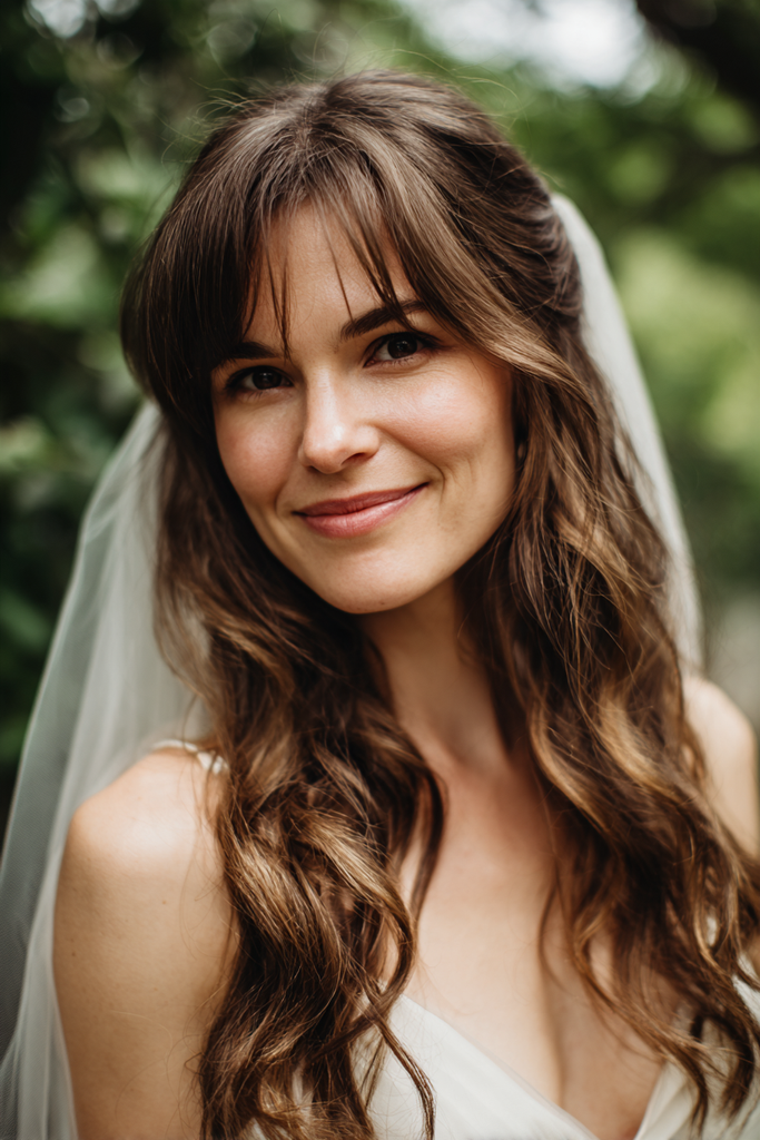 Front view of a smiling bride with long chestnut brown wavy hair and wispy curtain bangs wearing a sheer veil.