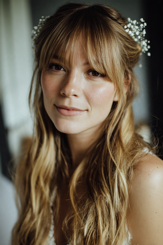 Front view of a smiling bride with long honey blonde wavy hair and wispy bangs styled half up with baby's breath flowers at the crown.