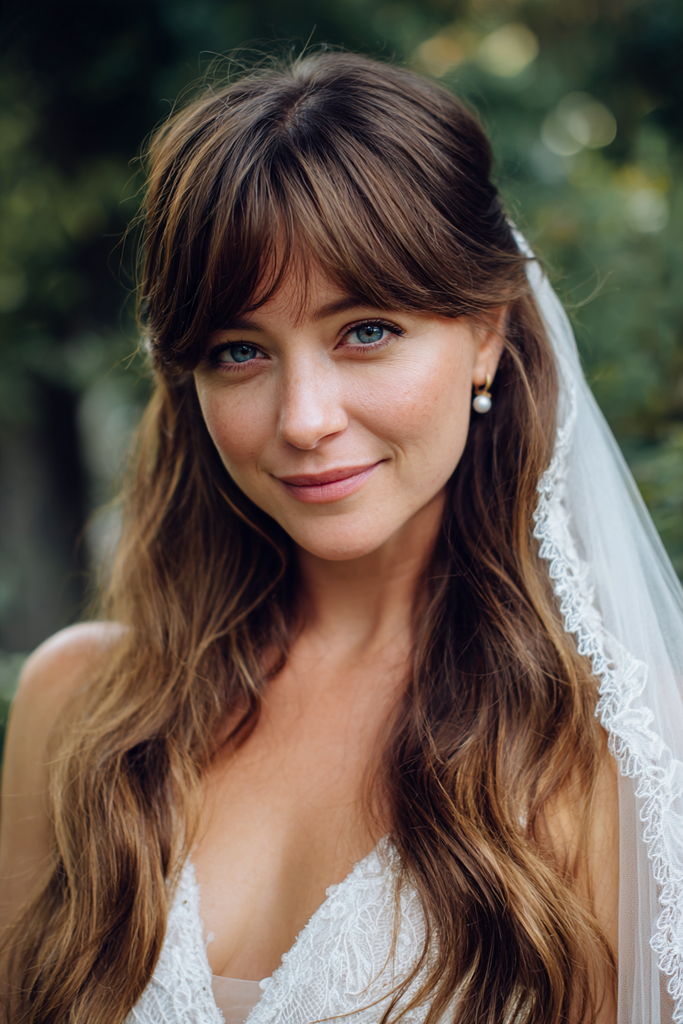 Front view of a smiling bride with long chestnut brown wavy hair and full center parted bangs styled half up with a lace trimmed veil.