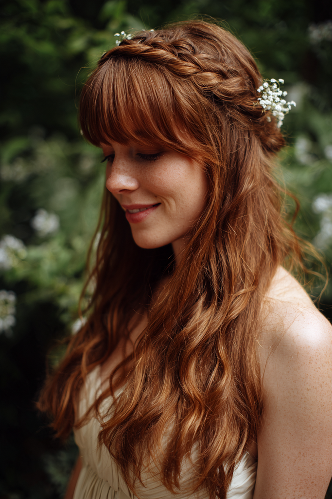 Side view of a smiling bride with long copper red wavy hair and full bangs styled with a crown braid and baby's breath flowers.