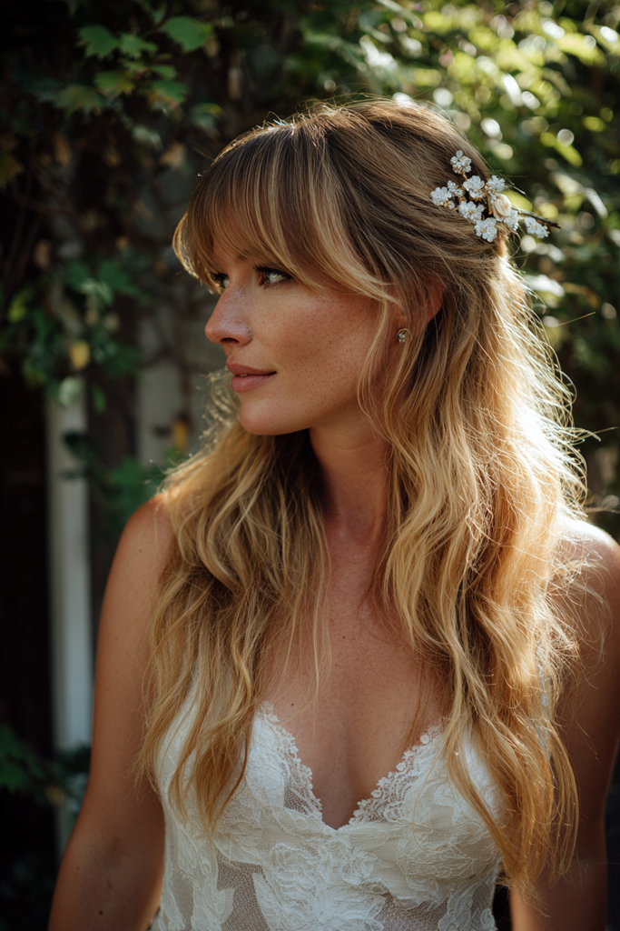 Side view of a bride with long golden blonde wavy hair and feathery bangs styled half up with a small floral hair pin.