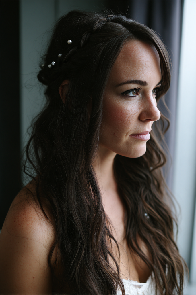 Side view of a bride with long dark brunette wavy hair and side swept bangs styled half up with a thin braid and small pearl hair pins.