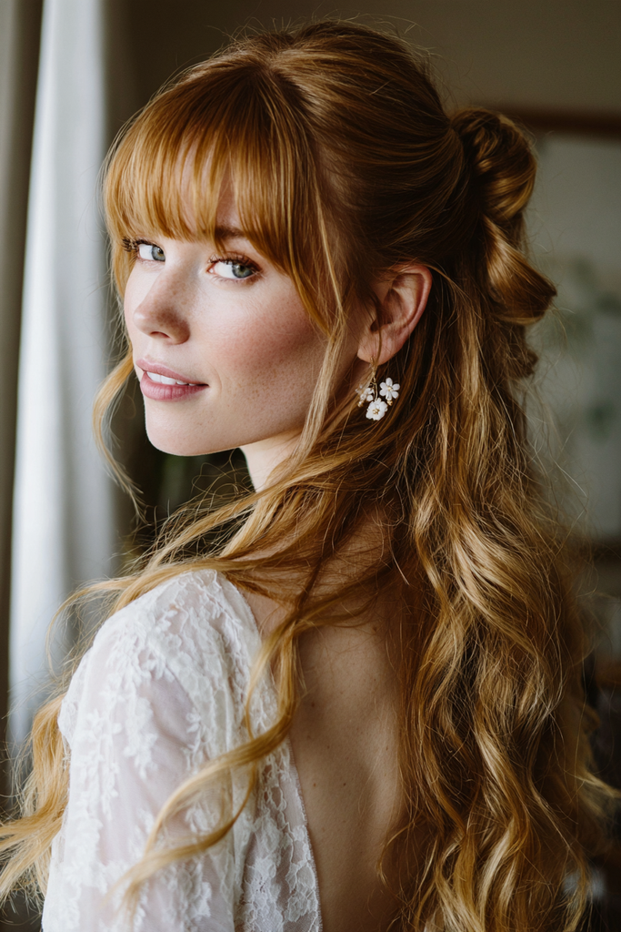 Side view of a smiling bride with long strawberry blonde wavy hair and full bangs styled in a half up top knot with flower earrings.