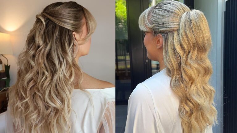 Side-by-side back views comparing a romantic half-up braided crown hairstyle with long, flowing curls and sweeping side bangs on the left[cite: 1, 2], to a high, half-up wavy ponytail with rounded face-framing fringe on the right.