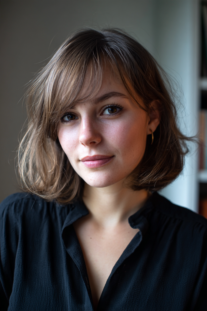 Woman with a soft taupe brown chin-length bob, long side-swept bangs and airy feathered ends, wearing a black button-up blouse.