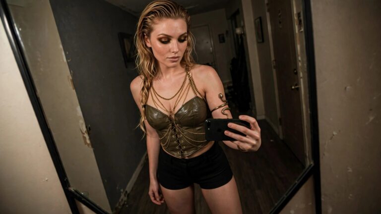 21 Fierce Baddie Costume Ideas Perfect for a Hot Halloween Woman wearing an olive green corset top with gold chains and buckles, a golden snake arm cuff, and black shorts while taking a mirror selfie.