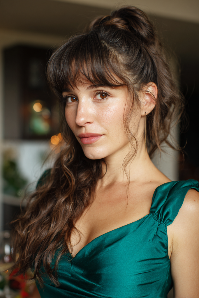 Woman with long wavy chocolate brown hair in a messy braided top knot with wispy bangs and curly face-framing strands, wearing an emerald green satin dress and thin drop earrings.