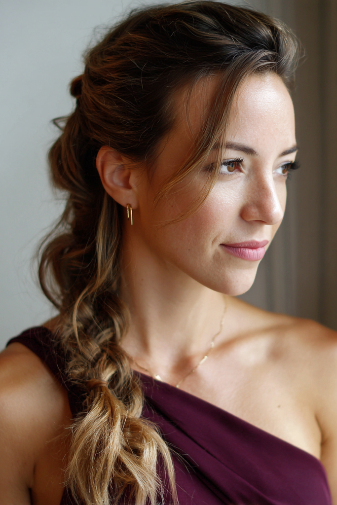 Woman with a long warm brown loose side fishtail braid with caramel blonde ends and soft side-swept bangs, wearing small gold earrings and a plum one-shoulder top.