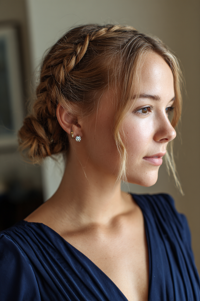 Woman in profile with a golden caramel brown side braid leading into a loose low bun, wispy face-framing strands and sparkly stud earrings, wearing a navy blue V-neck top.