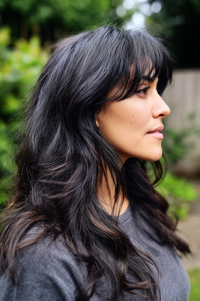 Woman in profile with long black wavy shag layered hair, wispy side swept bangs and tousled lengths with soft brown glints.