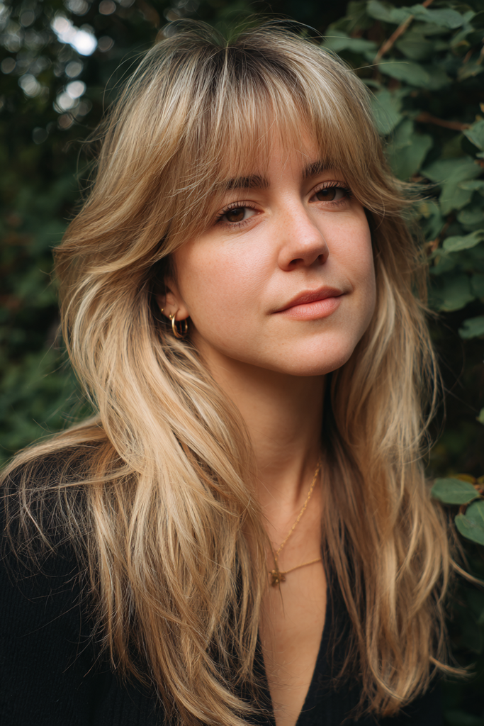 Woman with long dirty blonde layered hair, wispy center parted bangs and feathered face framing layers with golden highlights.