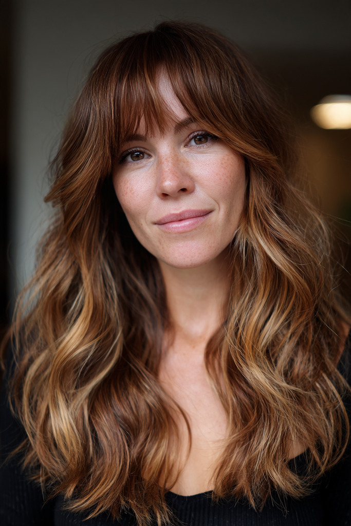 A woman with long wavy honey brown hair styled with golden caramel highlights, face framing layers, and curtain bangs.