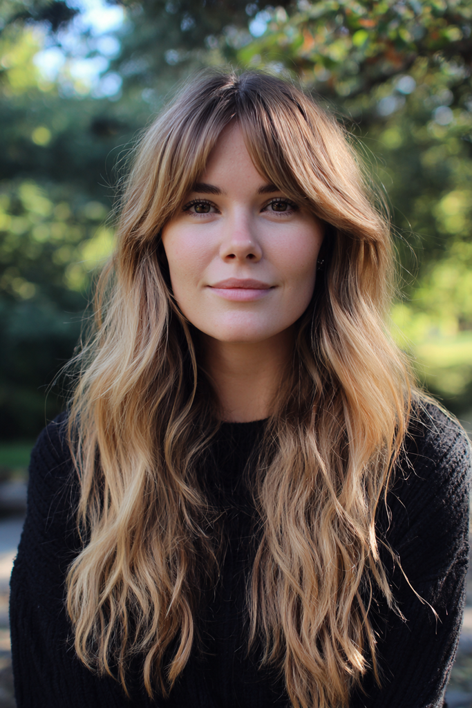 A woman with long wavy golden blonde hair showing off sweeping curtain bangs and soft face framing layers.