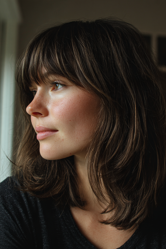  Woman with shoulder-length dark brown hair styled in choppy feathered layers with full wispy bangs and subtle light brown highlights.