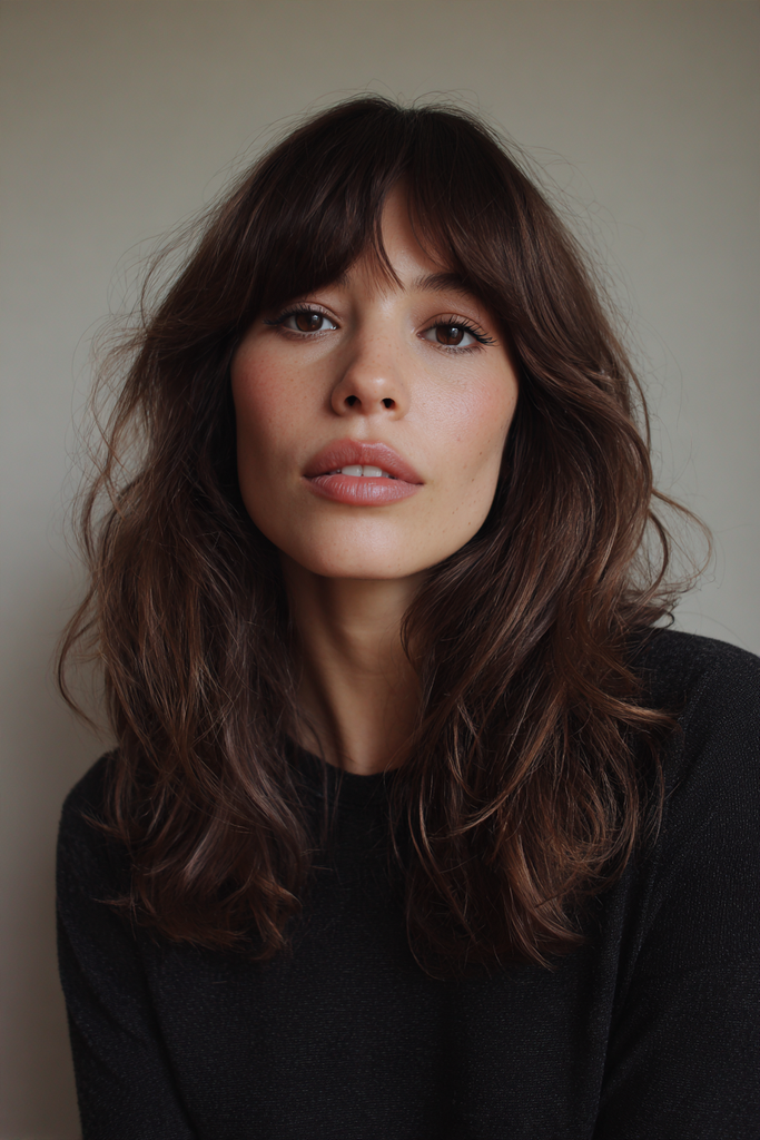 Woman with medium-length wavy dark chocolate brown hair styled in feathery layers with a full fringe and warm reddish brown tones through the lengths.