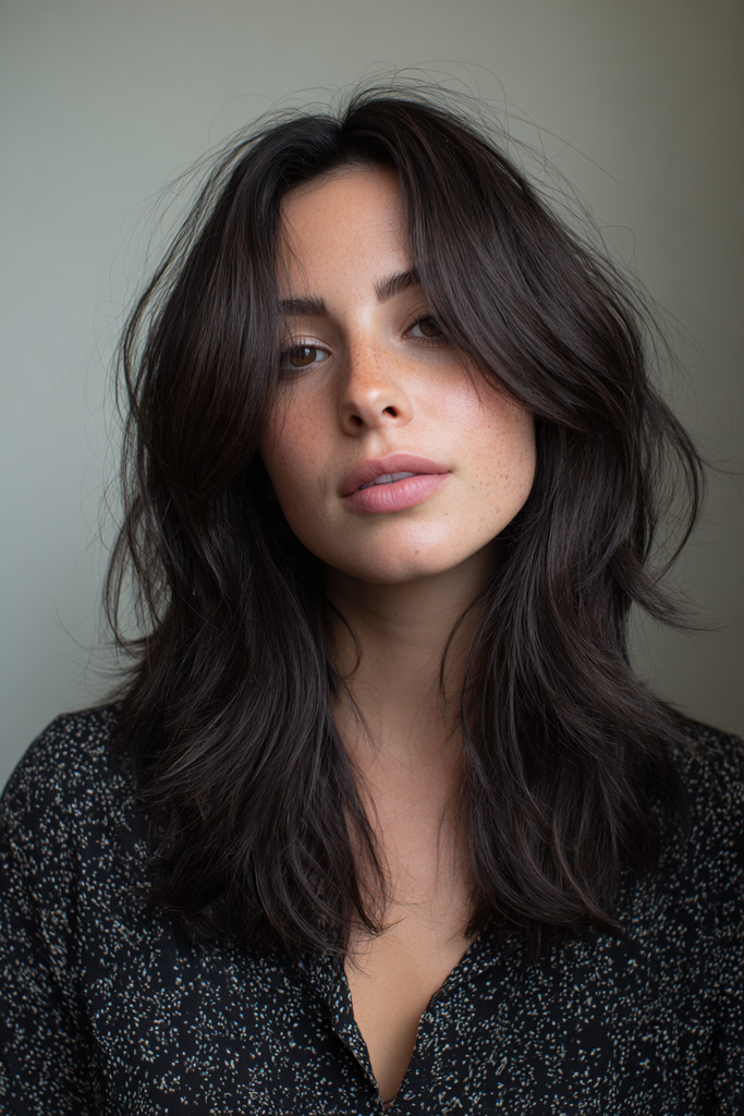 Woman with medium-length black layered hair styled in a shaggy cut with a loose center part, side-swept fringe and wispy flicked ends.