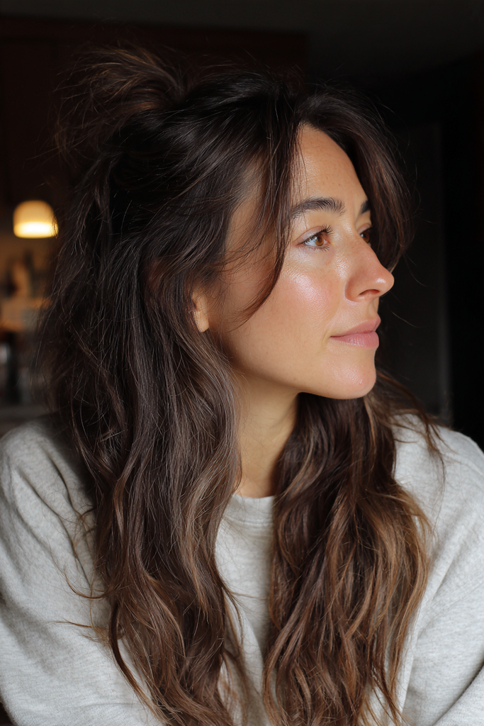 Woman with long wavy dark brown hair in a messy half-up knot with loose face-framing strands and soft caramel tones through the ends.