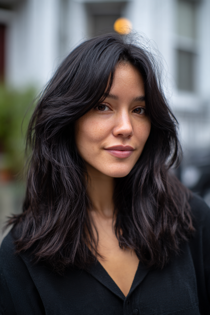 Woman with medium-length glossy black hair styled in long feathery layers with soft curtain bangs and slightly wavy ends.