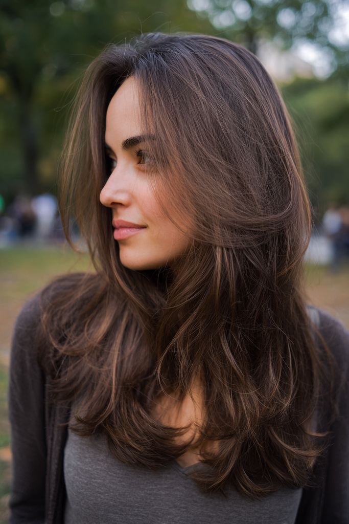 Woman with long smooth chocolate brown hair parted to the side and styled in soft feathered layers with gently flicked ends and subtle warm highlights.