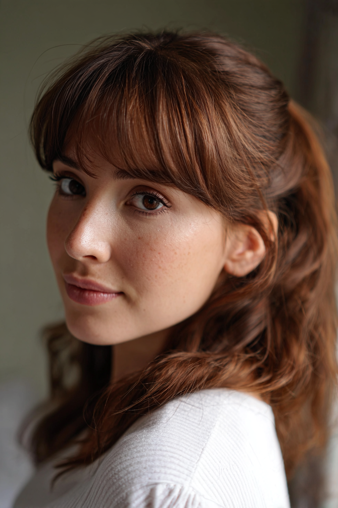 Woman with shoulder length auburn brown hair and wispy full bangs styled in a half up style with loose soft waves.