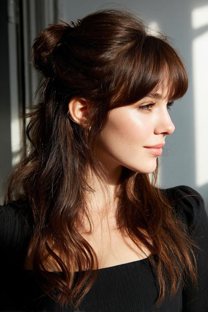 A woman with shoulder-length wavy brunette hair wears her hair in a voluminous half-up bun with full, soft bangs.