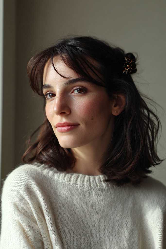 Woman with shoulder length dark brown layered hair and curtain bangs styled in a half up bun with a leopard print scrunchie.