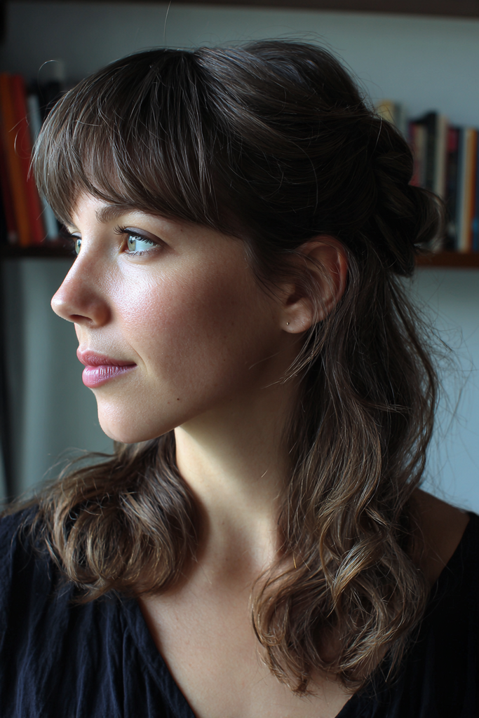 Side view of a woman with shoulder length chestnut brown hair and full bangs styled in a loose half up style with relaxed waves.