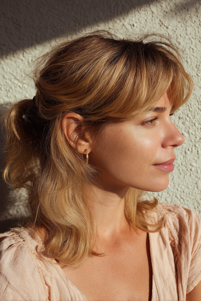 Side view of a woman with shoulder length golden blonde layered hair and feathered bangs styled in a messy half up style with soft waves.