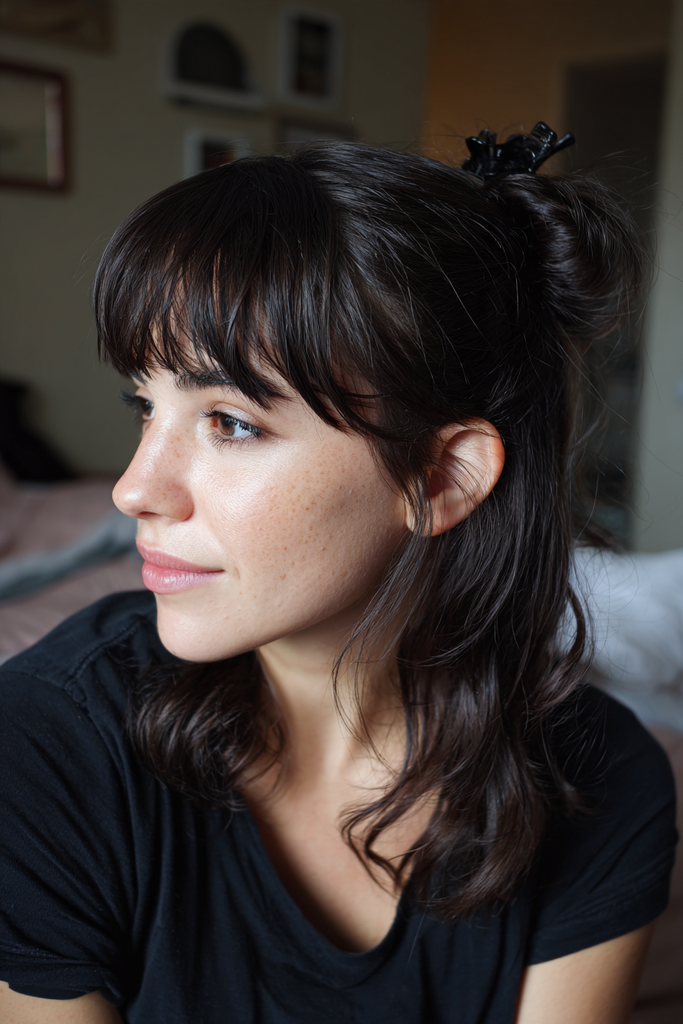 Side view of a woman with shoulder length black wavy hair and full bangs styled in a half up bun with a black claw clip.
