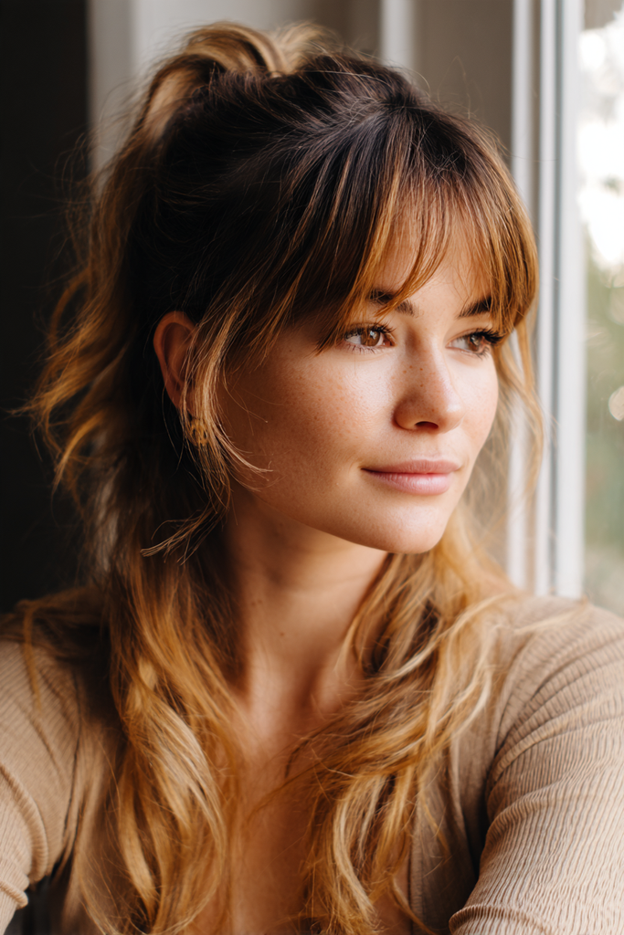 Side view of a woman with long dark brown hair with honey ombre ends and wispy bangs styled in a high half up ponytail with loose waves.