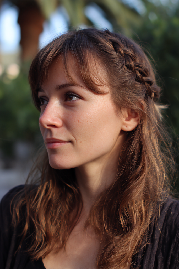 Side view of a woman with long chestnut brown layered hair and soft side swept bangs styled in a half up style with a side braid and loose waves.