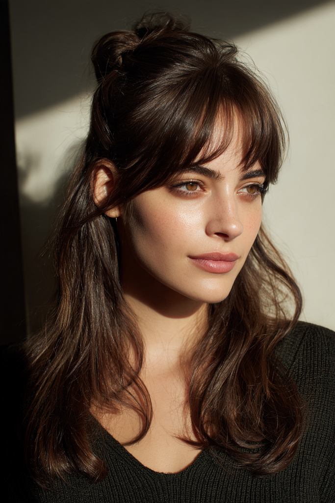 Side view of a woman with long dark brown layered hair and full wispy bangs styled in a half up top knot with loose waves.