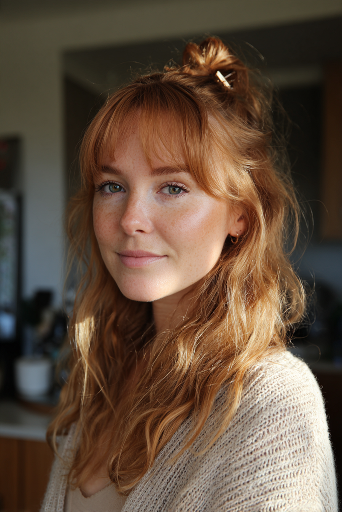 A woman with wavy auburn hair wears a half up top knot and bottleneck bangs.