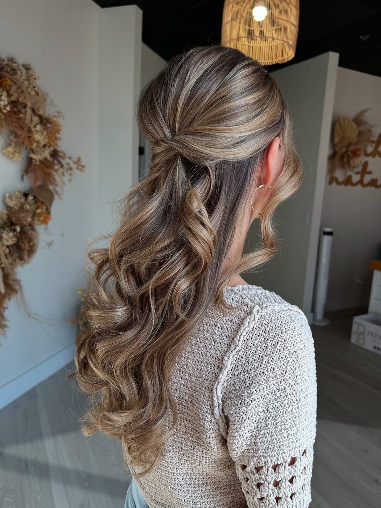 Side view of a woman with long light brown hair with blonde highlights styled in a twisted half up style with loose curls.