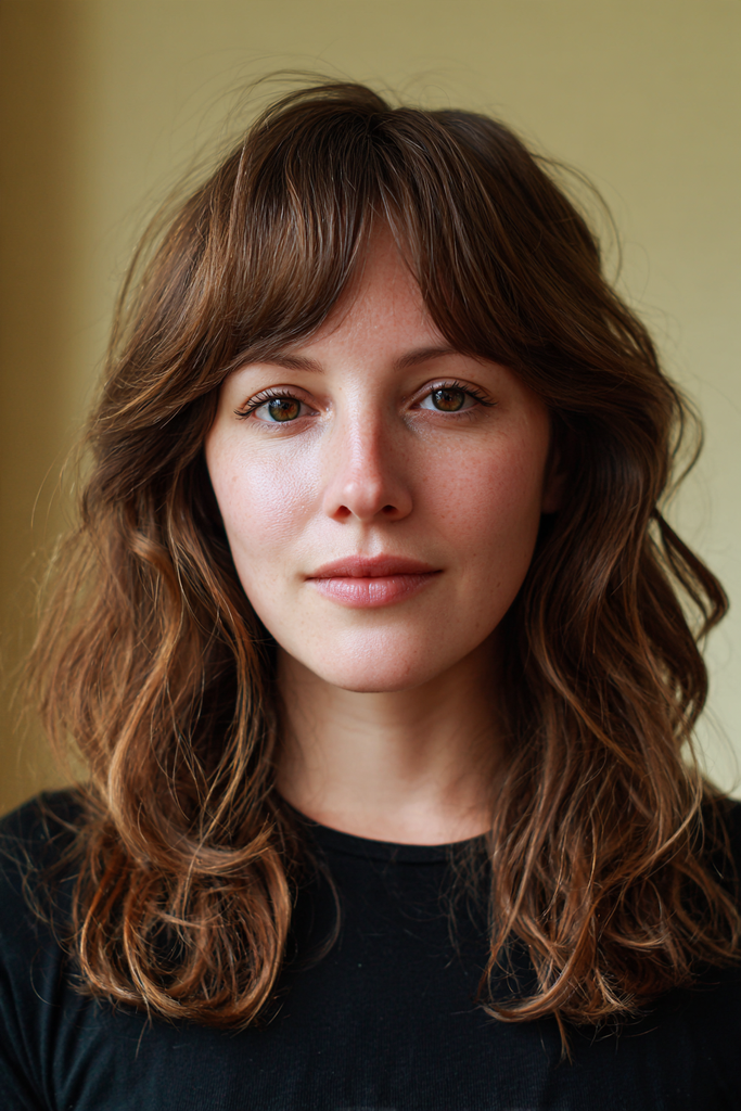Woman with long layered light brown hair featuring golden caramel ends, soft waves, and feathered center parted bangs.