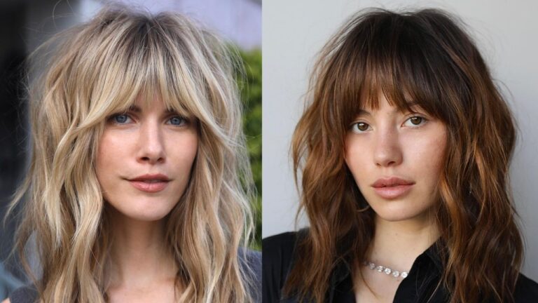 25 Versatile Medium-Length Hairstyles With Bangs for Everyday Wear Side-by-side comparison showing a medium-length shaggy blonde hairstyle with textured layers and full bangs on the left and a medium-length wavy brown shaggy cut with a full fringe on the right.